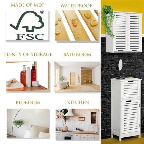 MADE OF MDF  
WATERPROOF  
FSC  
PLENTY OF STORAGE  
BATHROOM  
BEDROOM  
KITCHEN
