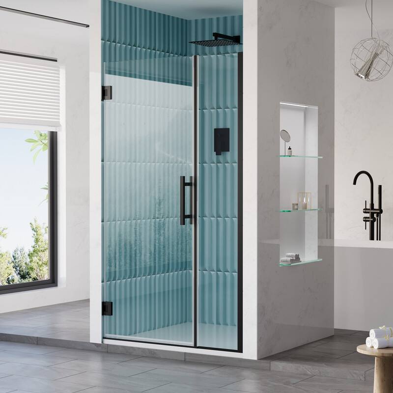 Angle. WELLFOR - 40–41 in. W x 72 in. H Frameless Hinged Shower Door with 3/8" Clear Tempered Glass, Reversible Opening - Matte Black.