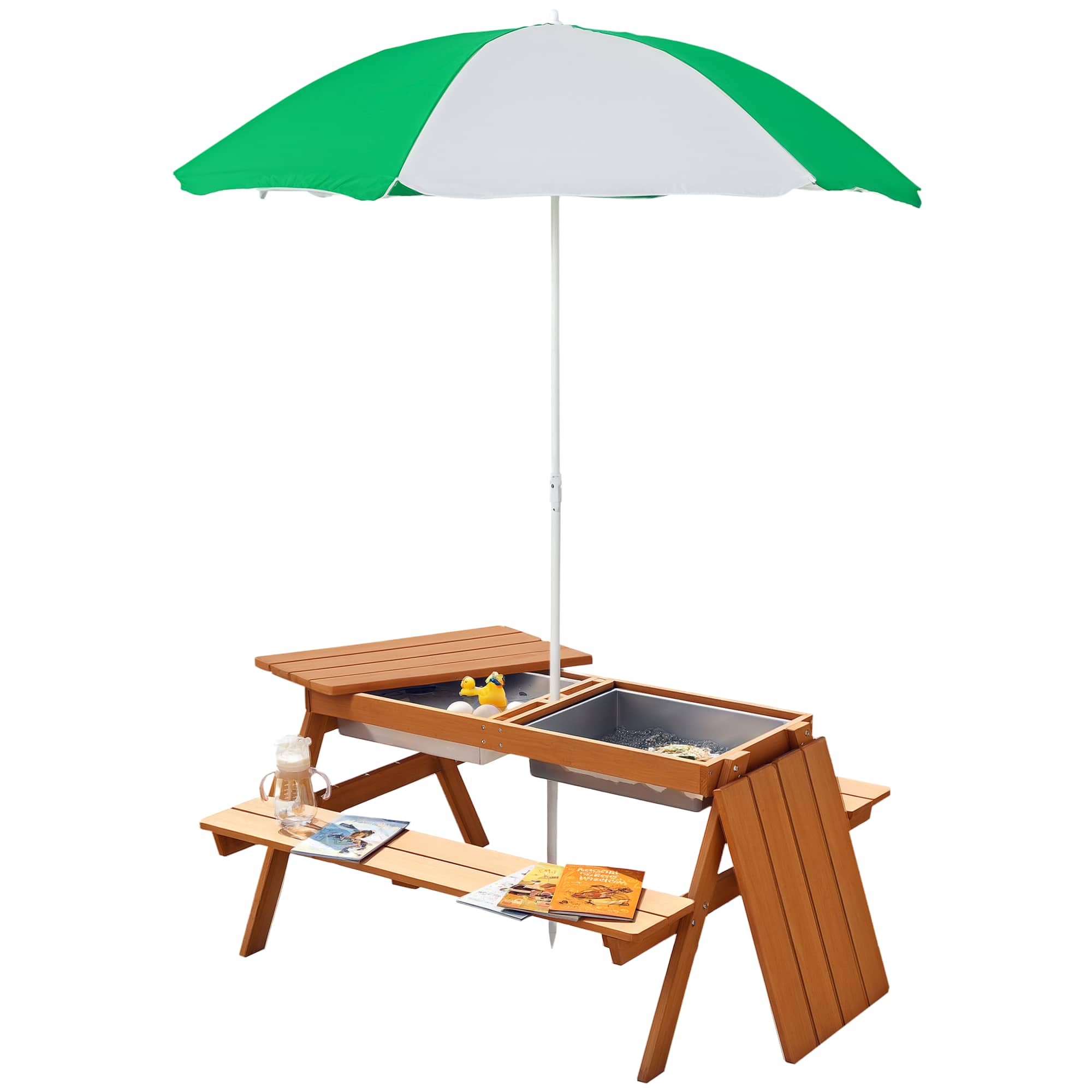 Outsunny - Kids Picnic Table with Umbrella, Storage Inside, Sand and Water Table, Wooden Bench Backyard Furniture for Garden - Natural