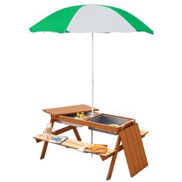 Outsunny - Kids Picnic Table with Umbrella, Storage Inside, Sand and Water Table, Wooden Bench Backyard Furniture for Garden - Natural