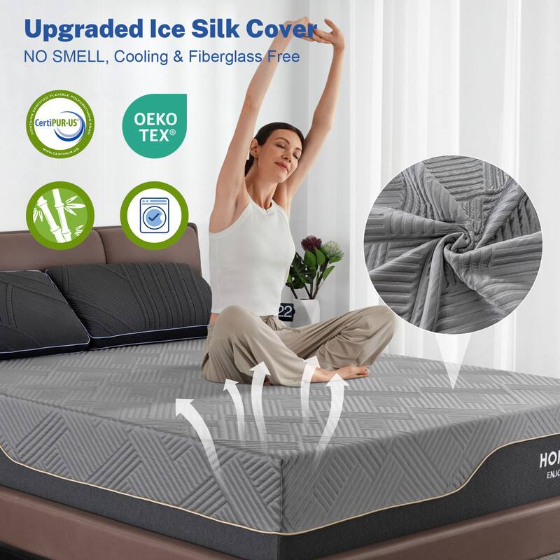 Upgraded Ice Silk Cover  
NO SMELL, Cooling & Fiberglass Free  

Certified by CertiPUR-US  
OEKO TEX  

22 HOI ENJ