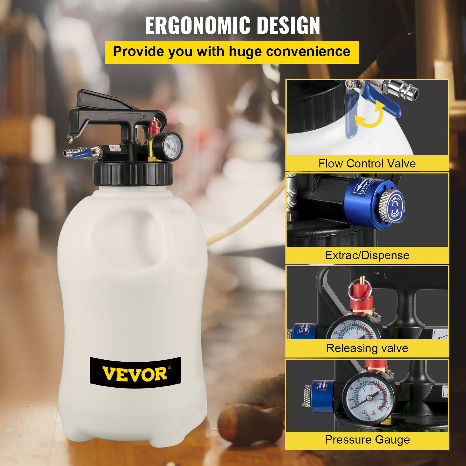 ERGONOMIC DESIGN  
Provide you with huge convenience

- Flow Control Valve
- Extrac/Dispense
- Releasing valve
- Pressure Gauge