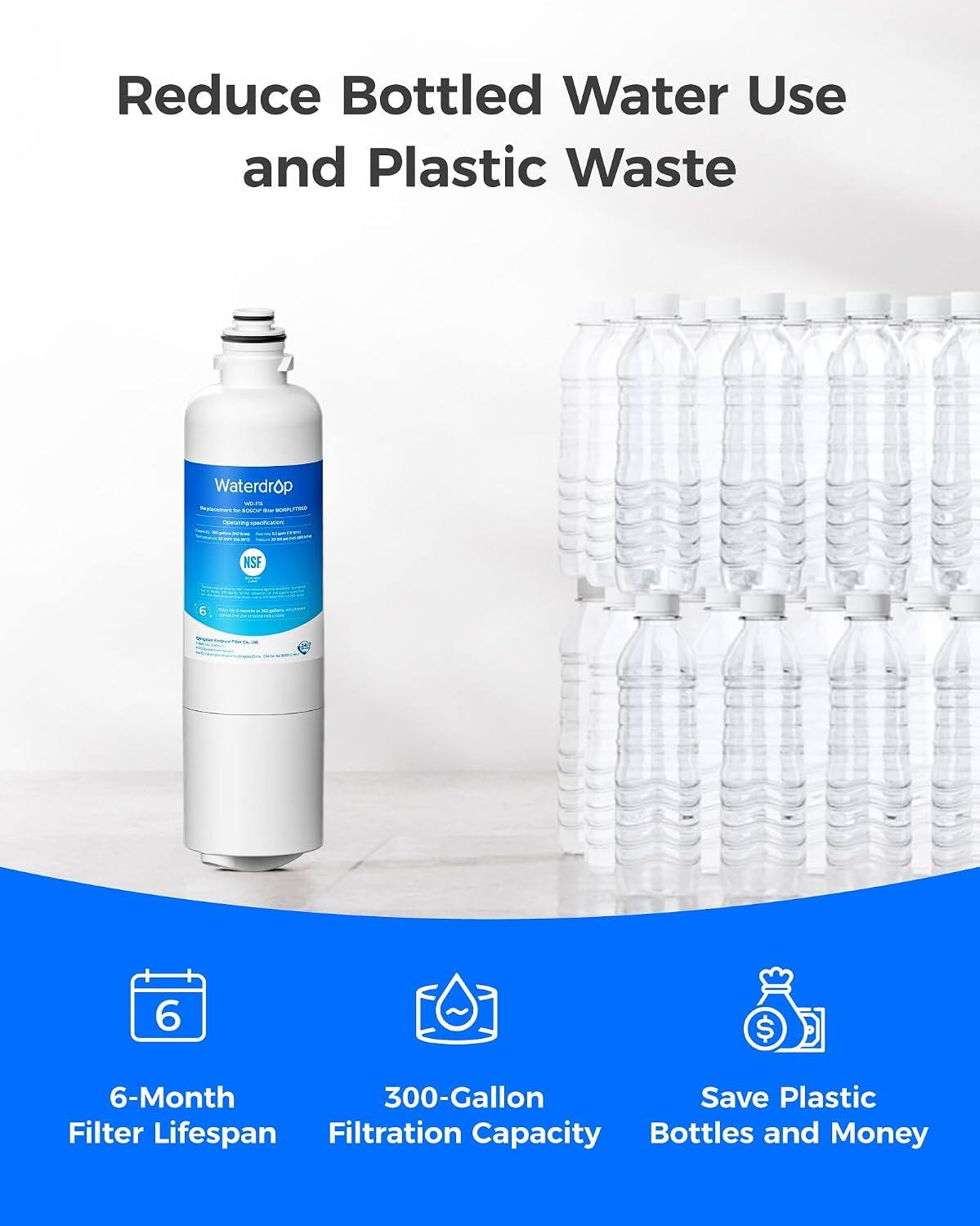 Reduce Bottled Water Use and Plastic Waste

Waterdrop VONS VE ICXPL

Dietaring Quotication

STATE 2019

NSF

6

6

$

6-Month 300-Gallon Save Plastic Filter Lifespan Filtration Capacity Bottles and Money