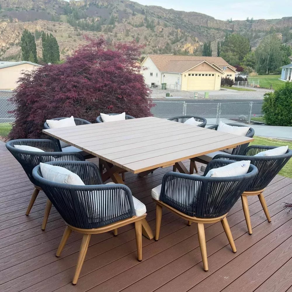 Front. PURPLE LEAF - 7/9/11-Pieces Patio Dining Set Wicker Outdoor Furniture Table and Chairs Set for Garden Teak-Finish Aluminum Frame Set - Teak-Square-9 Pcs.