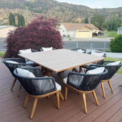 Front. PURPLE LEAF - 7/9/11-Pieces Patio Dining Set Wicker Outdoor Furniture Table and Chairs Set for Garden Teak-Finish Aluminum Frame Set - Teak-Square-9 Pcs.