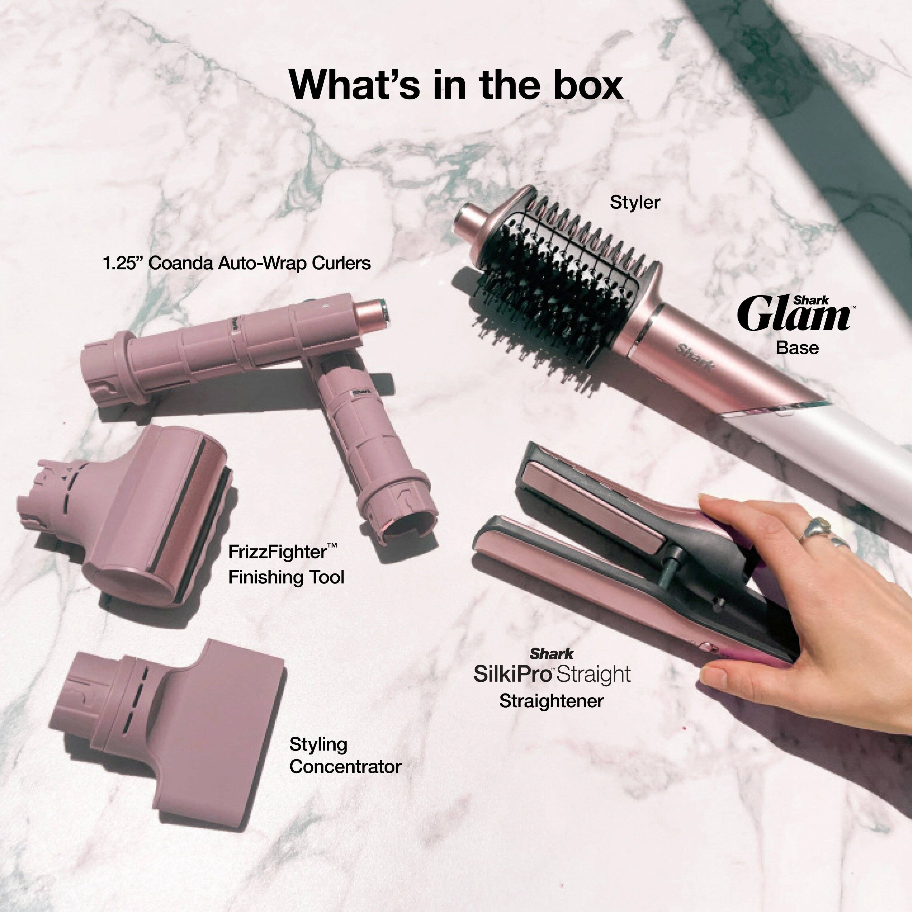 What's in the box

- Styler
- 1.25" Coanda Auto-Wrap Curlers
- Shark Glam Base
- FrizzFighter™ Finishing Tool
- Shark SilkiPro Straight Straightener
- Styling Concentrator