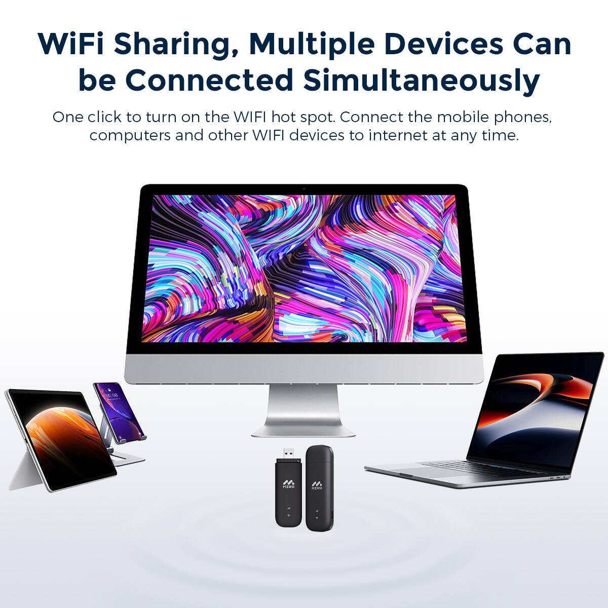 WiFi Sharing, Multiple Devices Can be Connected Simultaneously. One click to turn on the WIFI hot spot. Connect the mobile phones, computers and other WIFI devices to internet at any time.