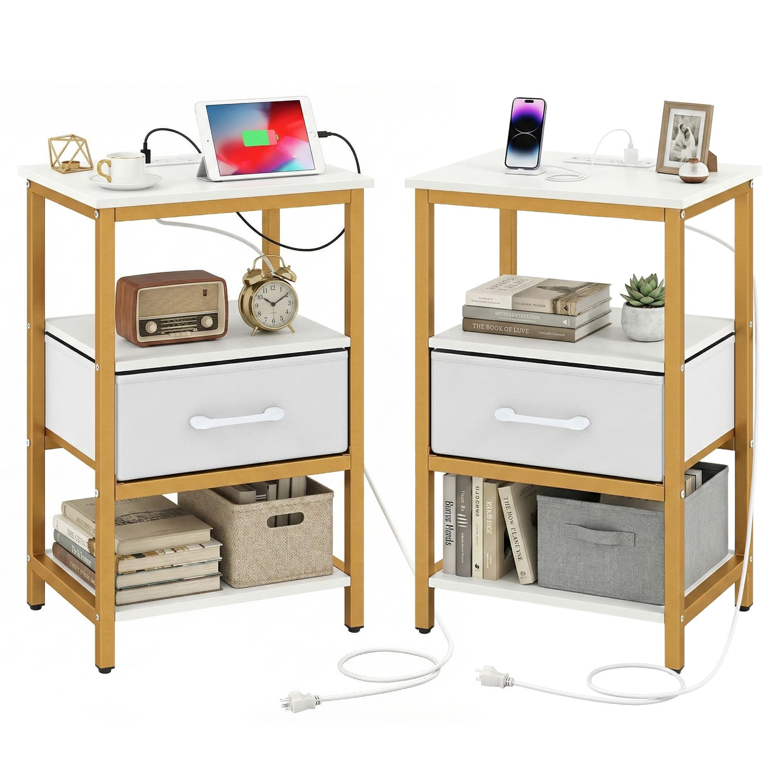 Gymax - Nightstand w/Charging Station Set of 2 w/Fabric Drawer & Open Storage Shelves - White