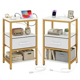 Gymax - Nightstand w/Charging Station Set of 2 w/Fabric Drawer & Open Storage Shelves - White