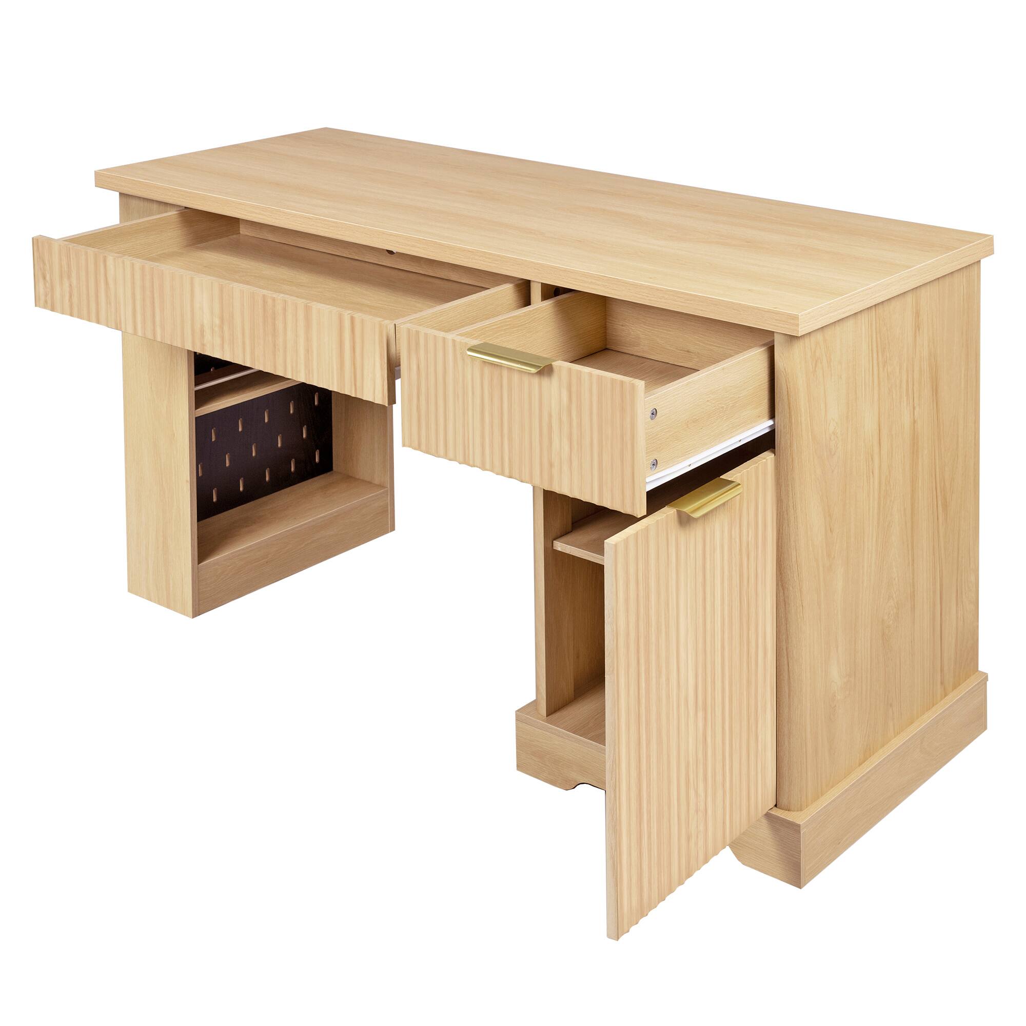 Alt View 4. Boyel Living - 55 Inch Fluted Office Desk with Storage Cabinet Drawers and Power Outlet Light Oak - Dark Walnut.