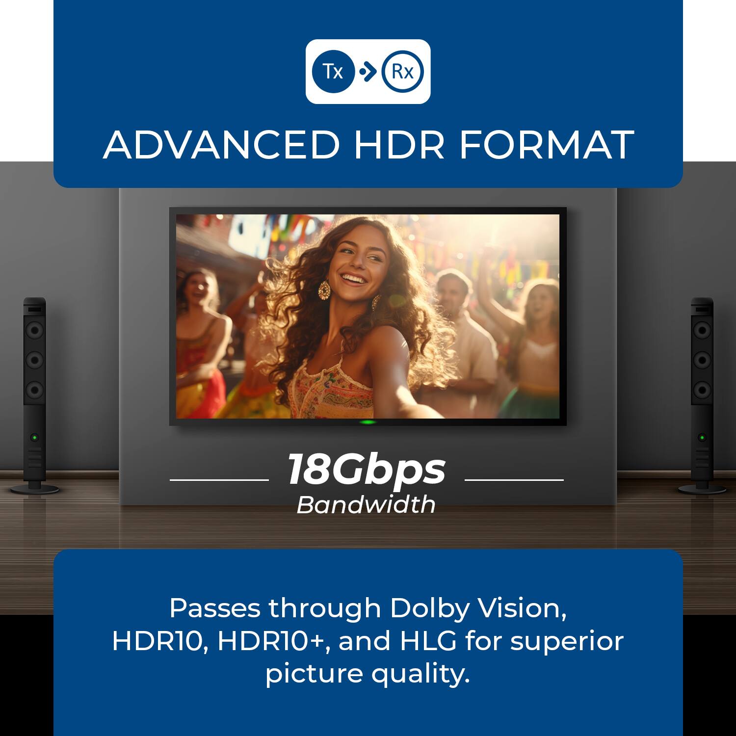 Tx Rx ADVANCED HDR FORMAT 18Gbps Bandwidth Passes through Dolby Vision, HDR10, HDR10+, and HLG for superior picture quality.