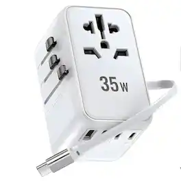 HONGGE - 35W Retractable Travel Charger with Magnetic Cable and Universal Plug Adapters - White