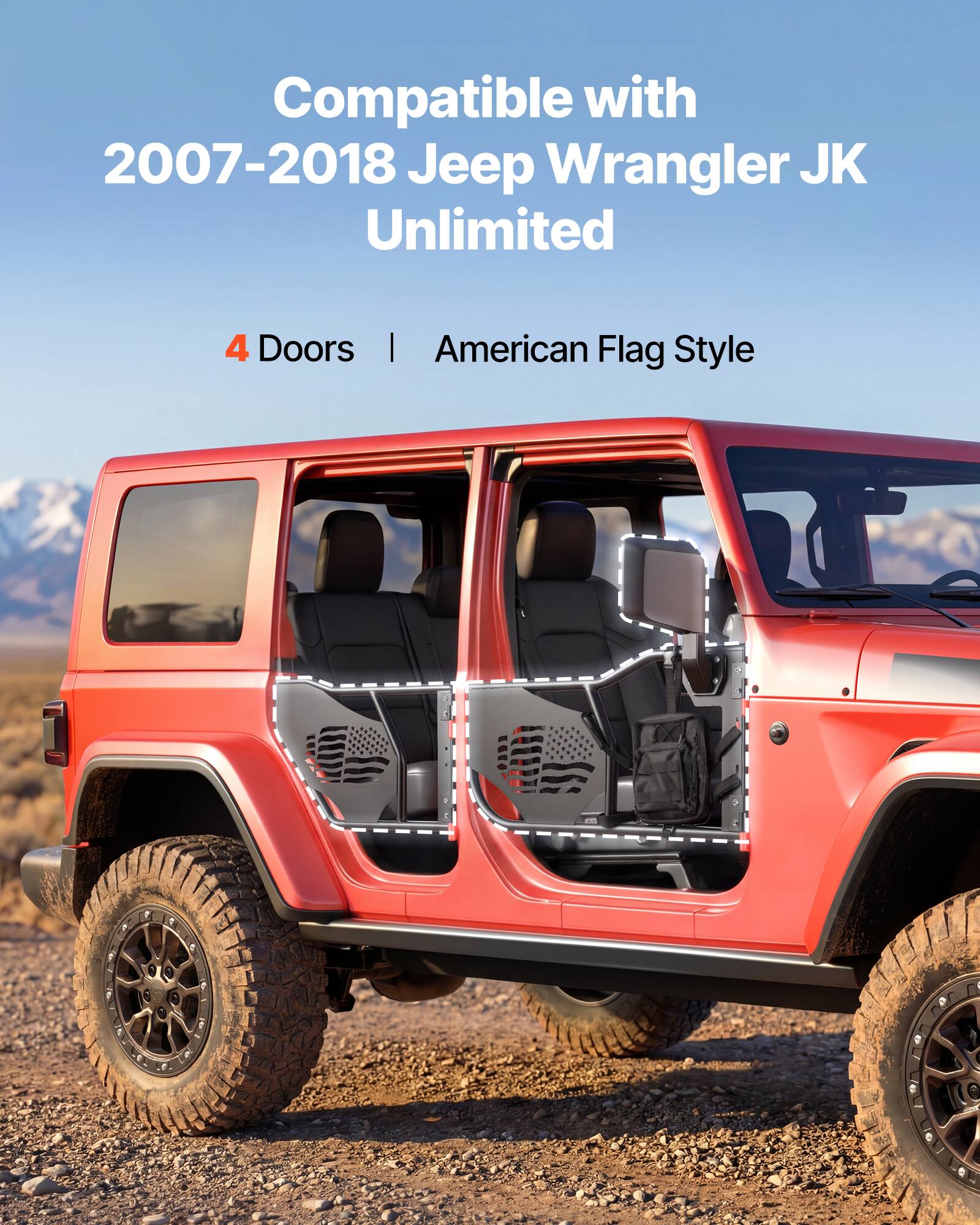 Compatible with 2007-2018 Jeep Wrangler JK Unlimited 4 Doors | American Flag Style