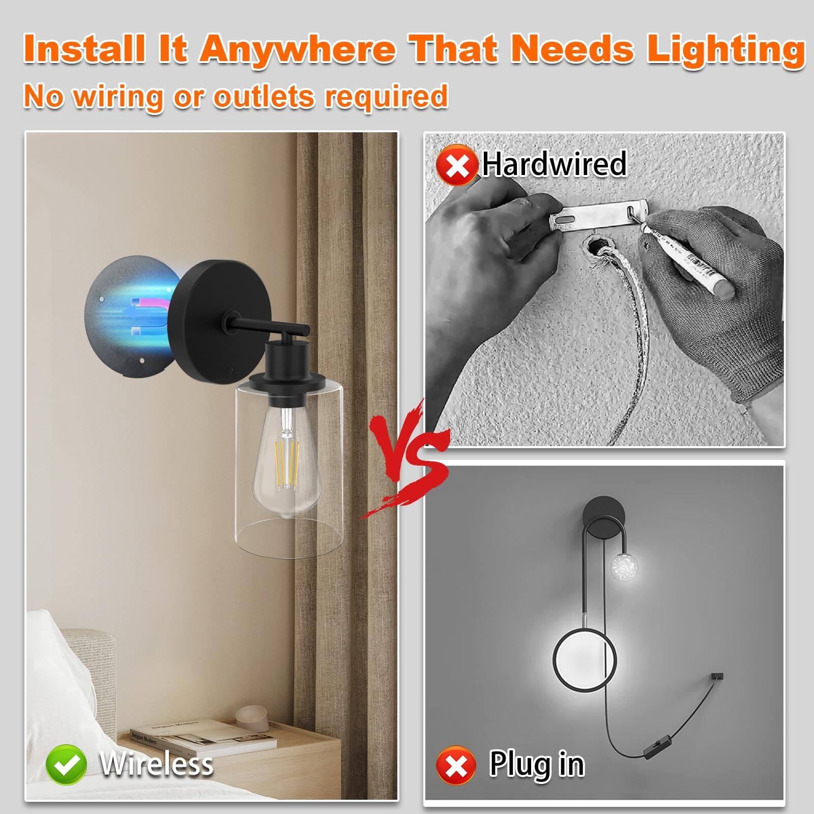 Install It Anywhere That Needs Lighting  
No wiring or outlets required

Wireless  
Hardwired  
Plug in