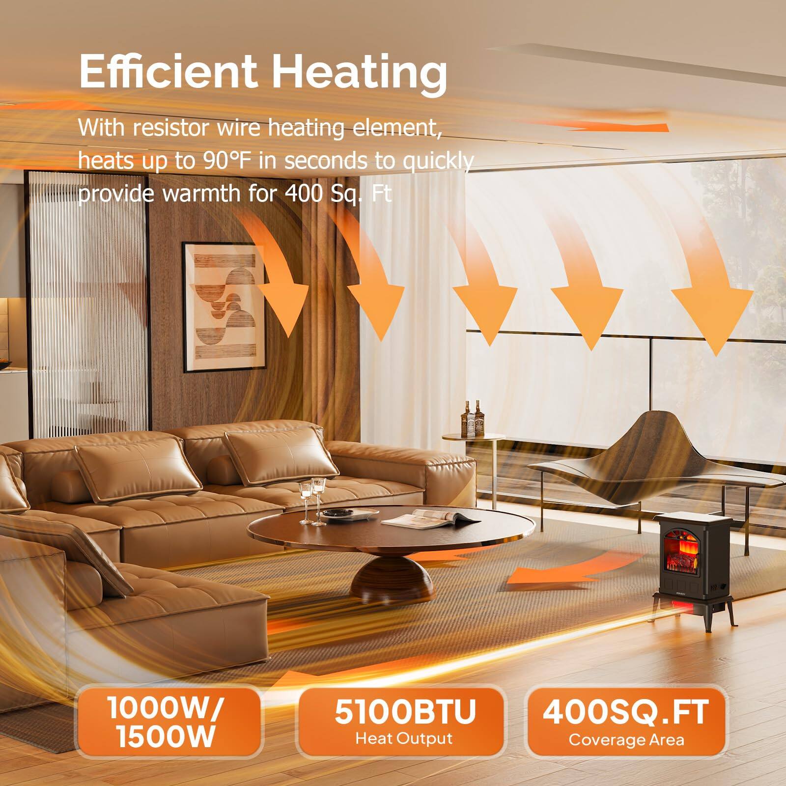 Efficient Heating

With resistor wire heating element, heats up to 90°F in seconds to quickly provide warmth for 400 Sq. Ft.

1000W / 1500W  
5100BTU Heat Output  
400SQ.FT Coverage Area