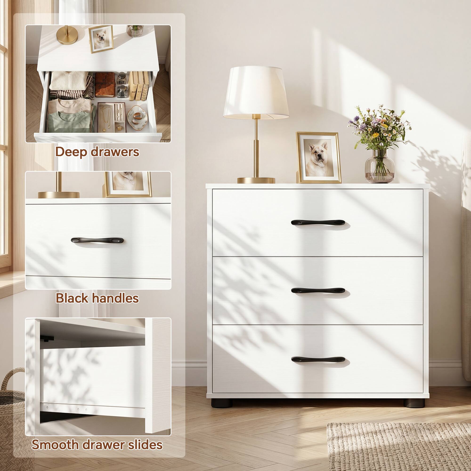 Deep drawers  
Black handles  
Smooth drawer slides