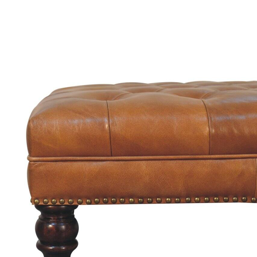 Alt View 1. Artisan Furniture - Artisan Furniture Solid Wood Studded Buffalo Tan Leather Ottoman with Castor Legs, Upholstered, Brown - Brown.