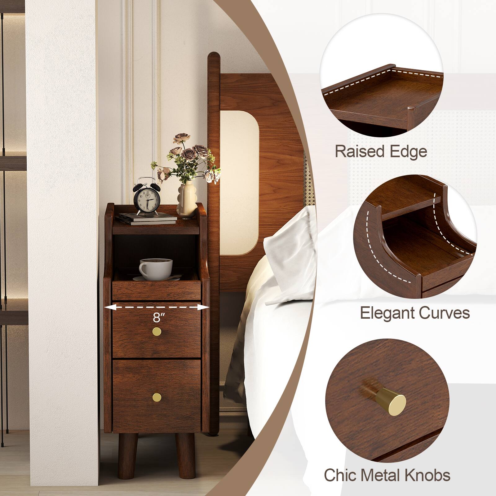 - Raised Edge
- Elegant Curves
- Chic Metal Knobs