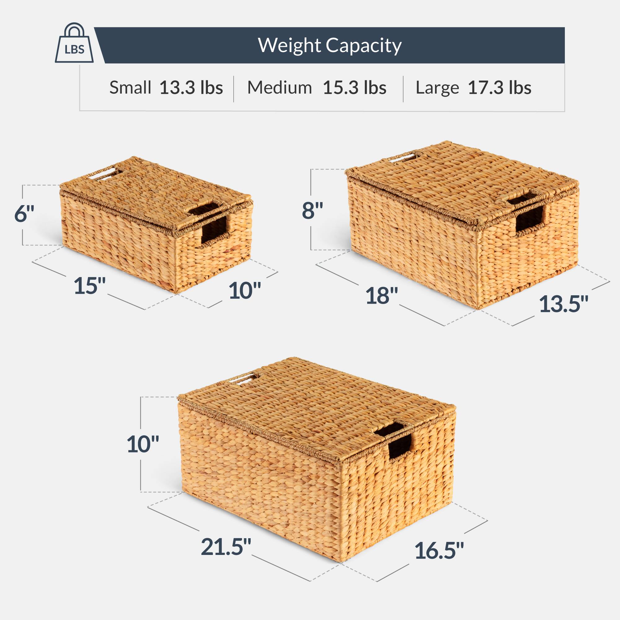 LBS  
Weight Capacity  
Small 13.3 lbs  
Medium 15.3 lbs  
Large 17.3 lbs  

6"  
8"  
15"  
10"  
18"  
13.5"  
10"  
21.5"  
16.5"