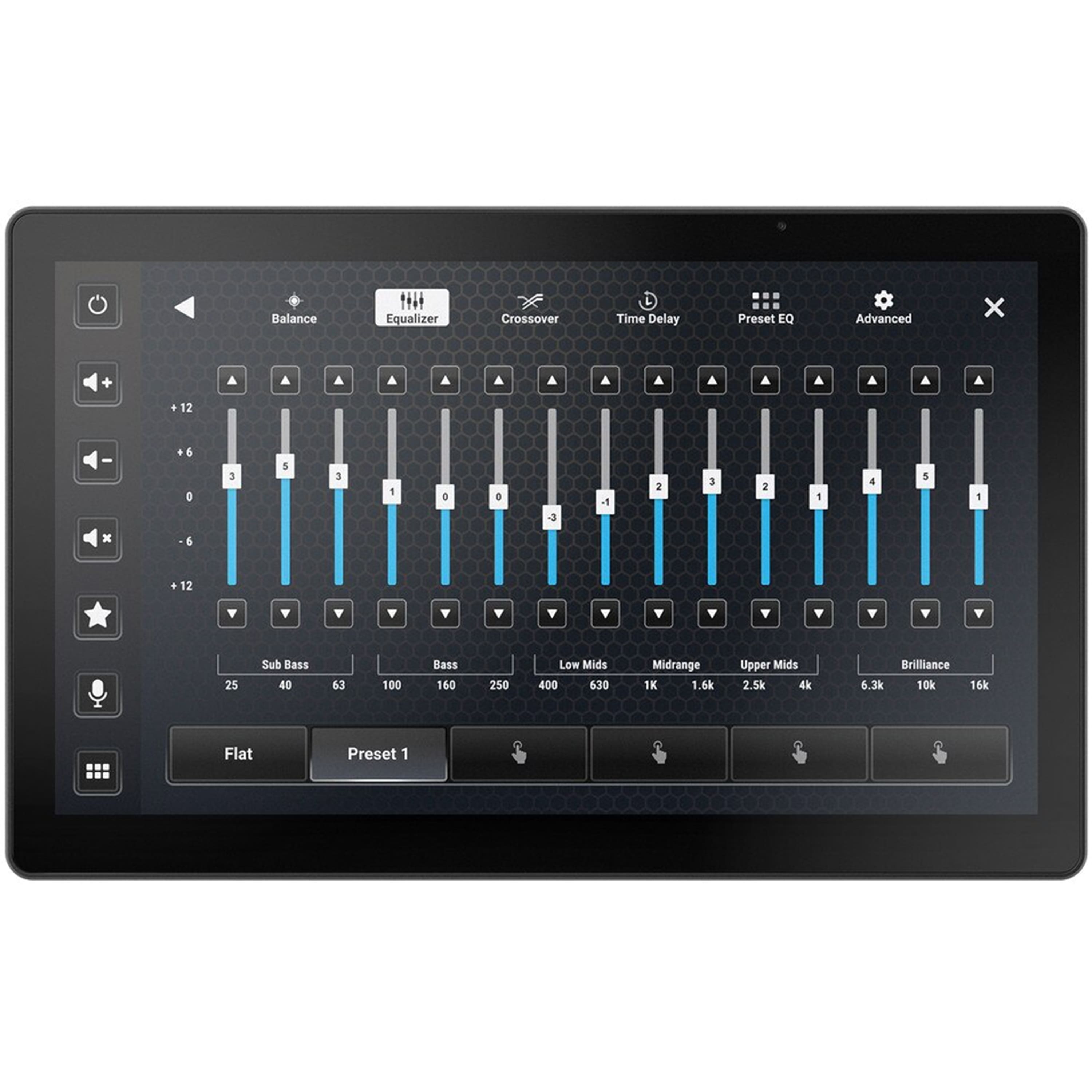 Balance Equalizer Crossover Time Delay Preset EQ Advanced x + 12 6 D 1 3 1 . . a 1 2 3 2 4 5 1 x 6 + 12 25 Sub Bass 40 63 100 Bass 160 250 Low Mids 400 630 Midrange 1K 1.6k Upper Mids 2.5k 4k Brilliance 6.3k 10k 16k Flat Preset 1