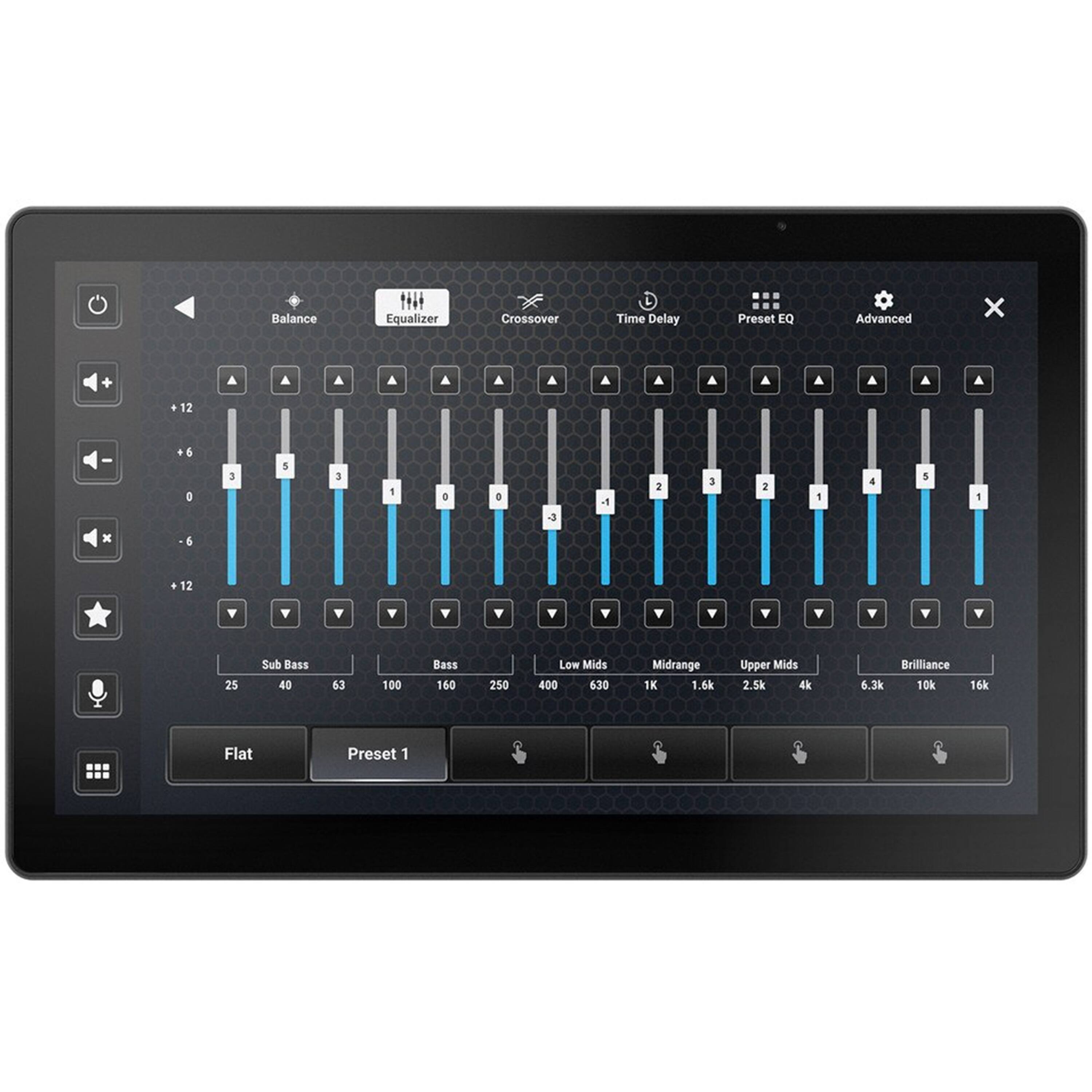 Balance Equalizer Crossover Time Delay Preset EQ Advanced x + 12  6 D  1 3 1 . . a 1 2 3 2  4 5 1 x 6 + 12 25 Sub Bass 40 63 100 Bass 160 250 Low Mids 400 630 Midrange 1K 1.6k Upper Mids 2.5k 4k Brilliance 6.3k 10k 16k Flat Preset 1