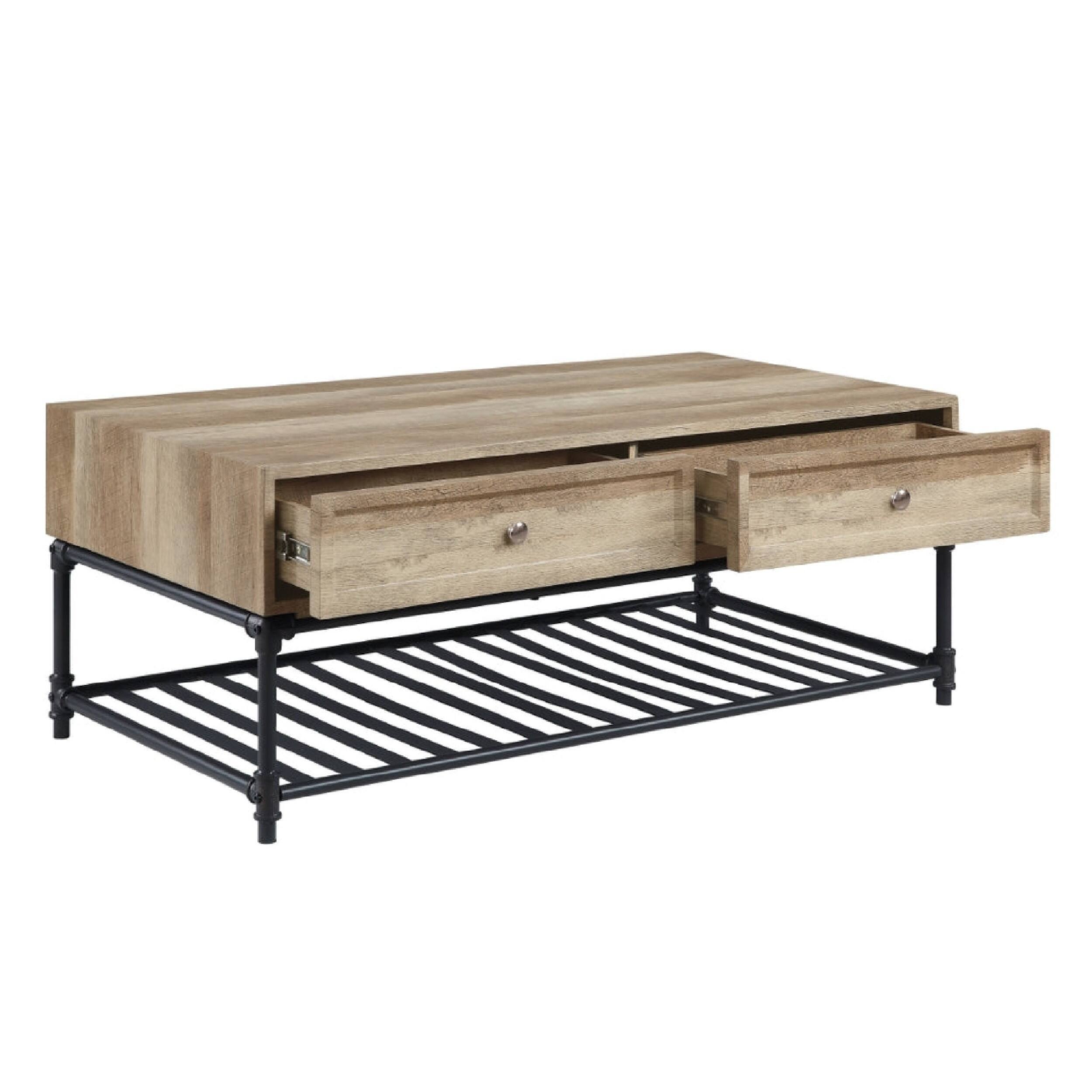 Alt View 2. Manhattan Lane - Ley 47 Inch Coffee Table, 2 Drawers, Industrial Design, Slatted Shelf - Brown.