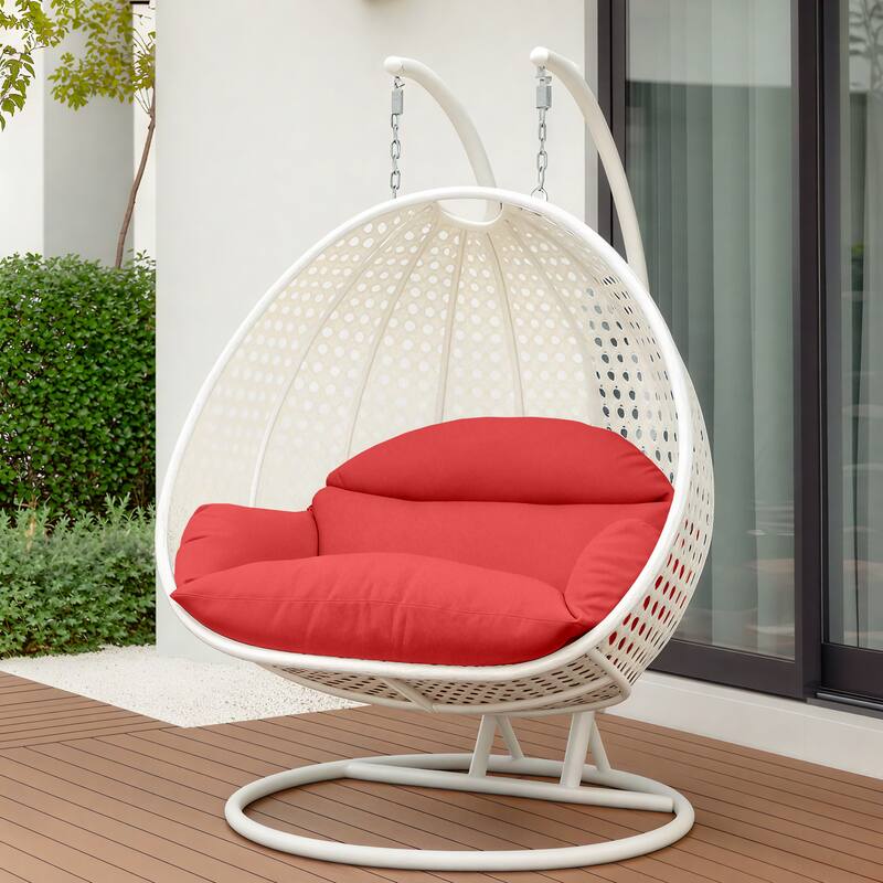 Left. LeisureMod - Leisuremod Modern 2-Person Outdoor Egg Swing White Wicker Chair with Stand, Plush Washable Cushions & Waterproof Cover - Red.