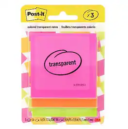 Post-it - Transparent Sticky Notes, 2.8" x 2.8", Colors, 36 Sheets/Pad, 3 Pads/Pack - Assorted