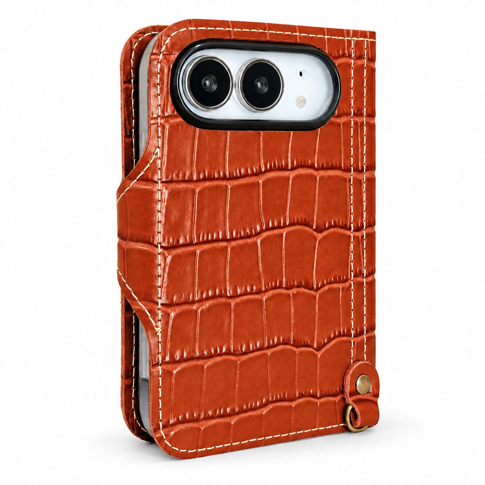Left. Dteck - Luxury Crocodile Pattern Leather Wallet Case for Apple iPhone Duo, Shockproof Folio Cover with Card Holder Snap Closure - Brown.