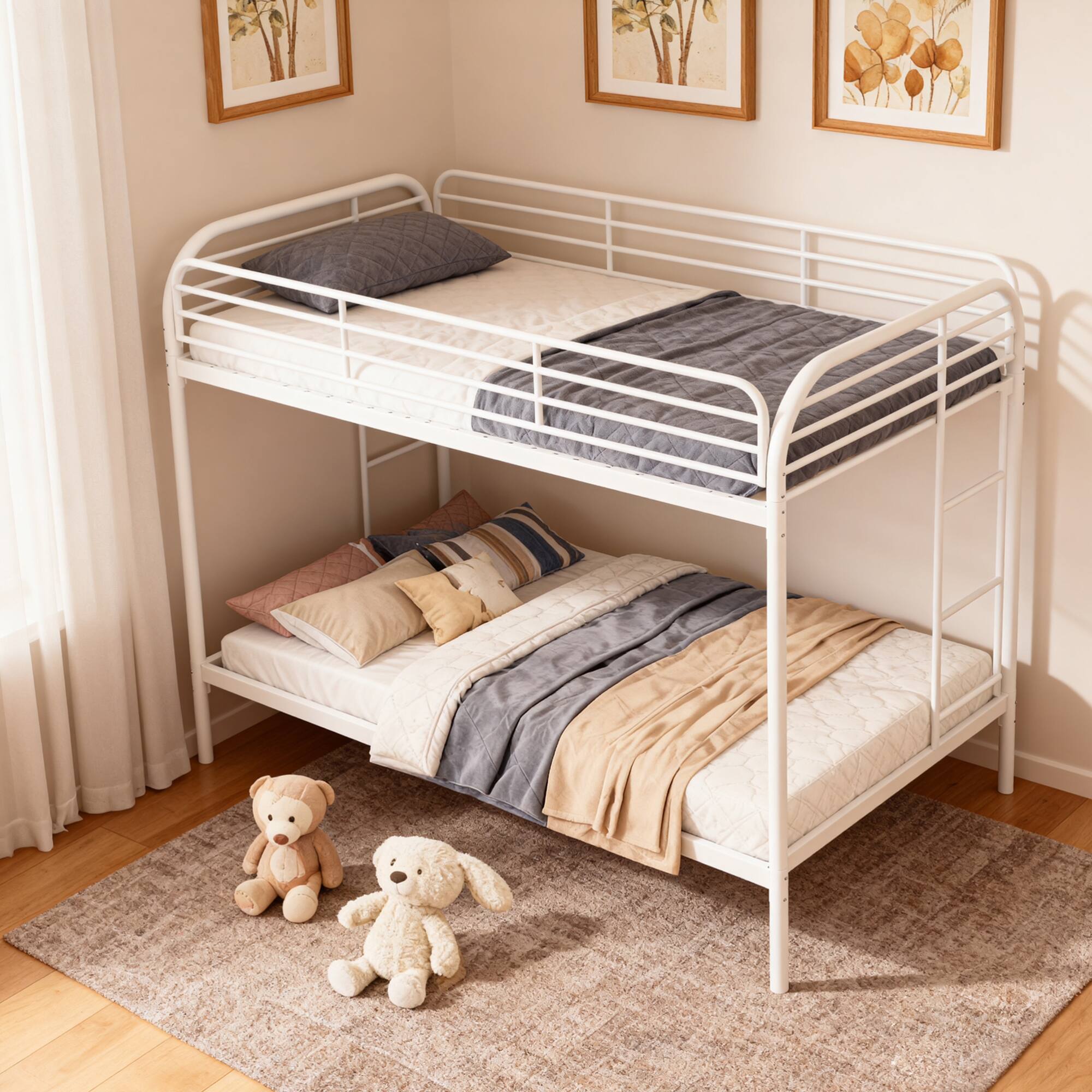 Angle. GOODSILO - Heavy Duty Twin Over Twin Metal Bunk Bed with Dual Ladders and Full-Length Safety Rails - White.