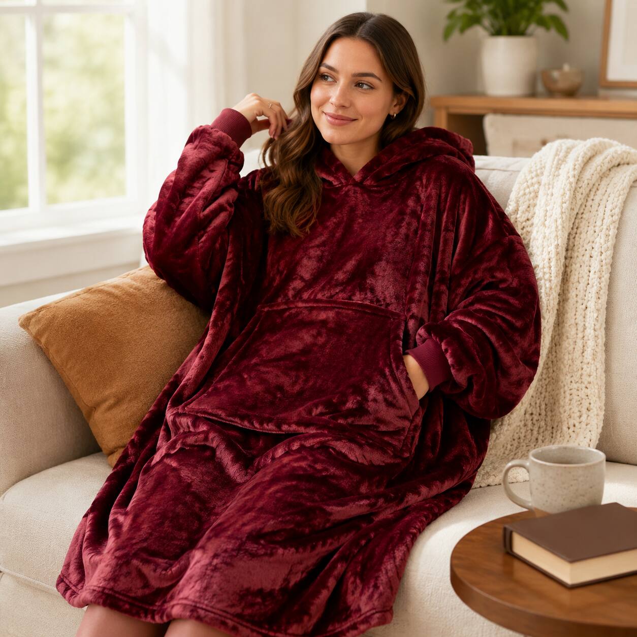 Alt View 1. Oumilen - Large Wearable Blanket Hoodie for Adults, Burgundy Oversized Flannel Hooded Sweatshirt Blanket with Big Pocket 47.2in - Burgundy.