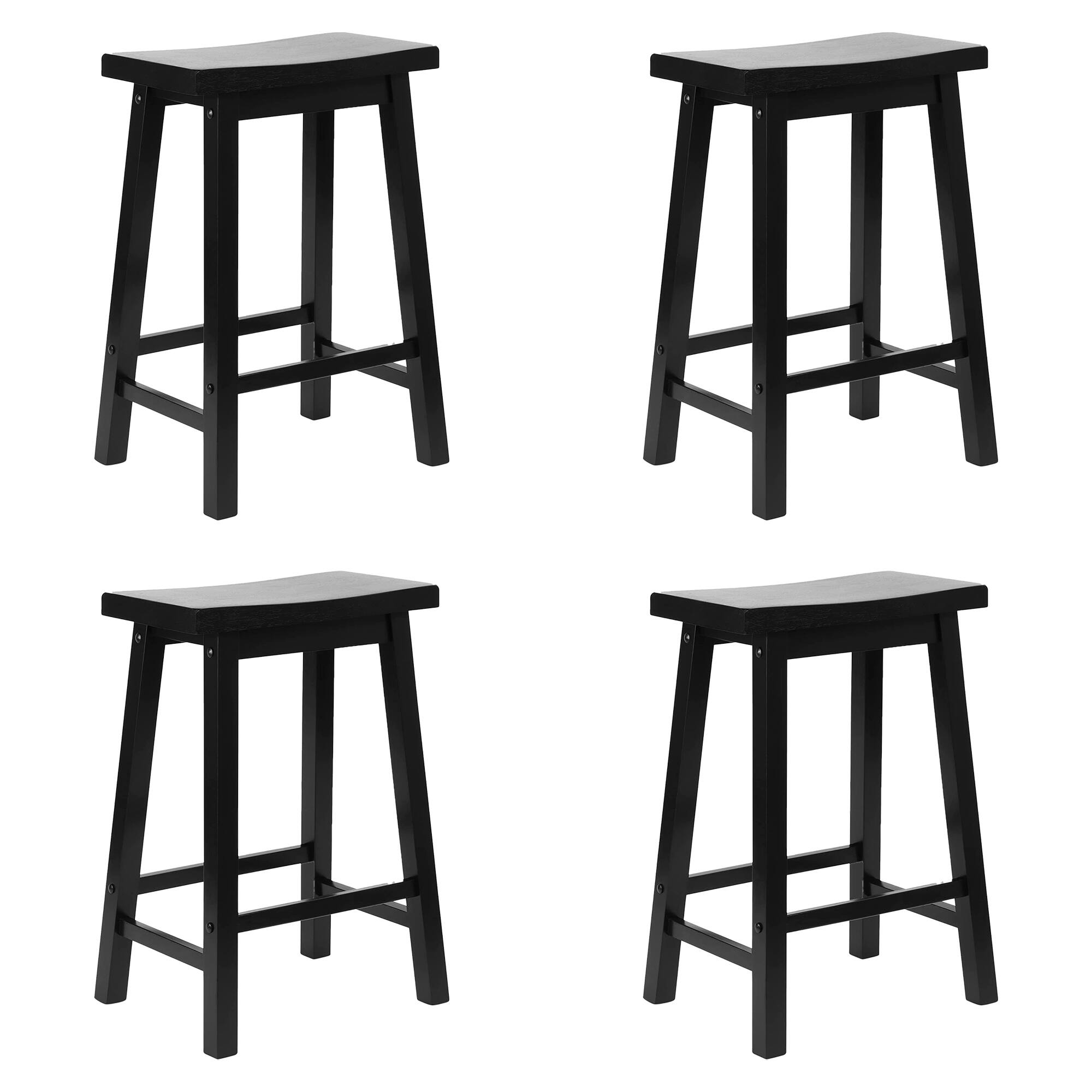 PJ Wood - Classic Saddle Seat 24 Inch Kitchen Bar Counter Stool, (4 Pack) - Black