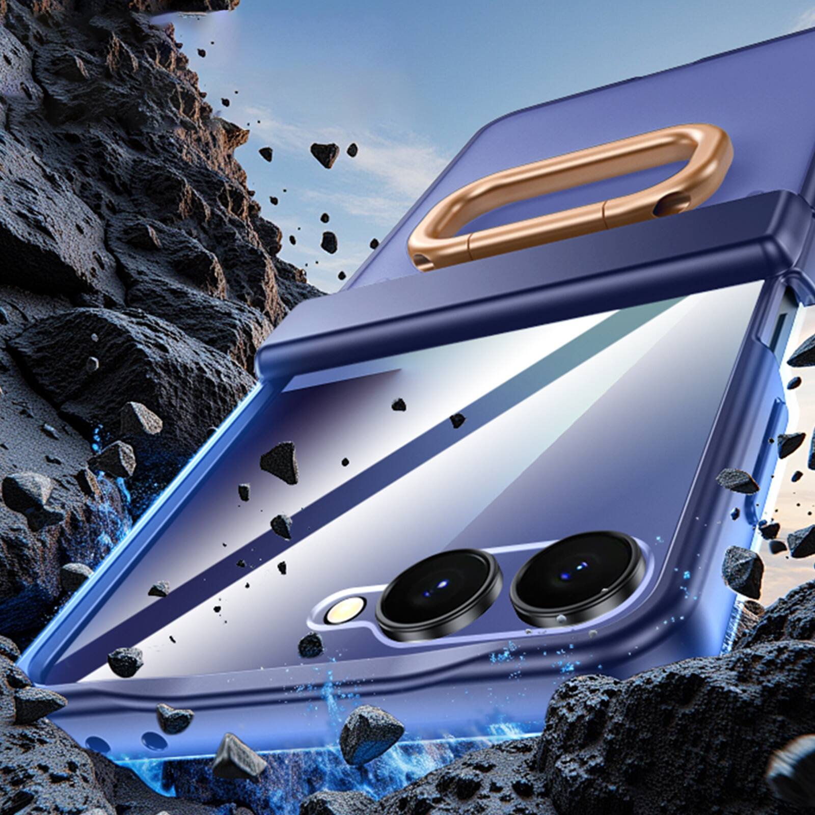 Left. Dteck - Rugged Case for Samsung Galaxy Z Flip7 with Ring Kickstand, Translucent Hinge Protective Cover Built-in Screen Protector - Red.