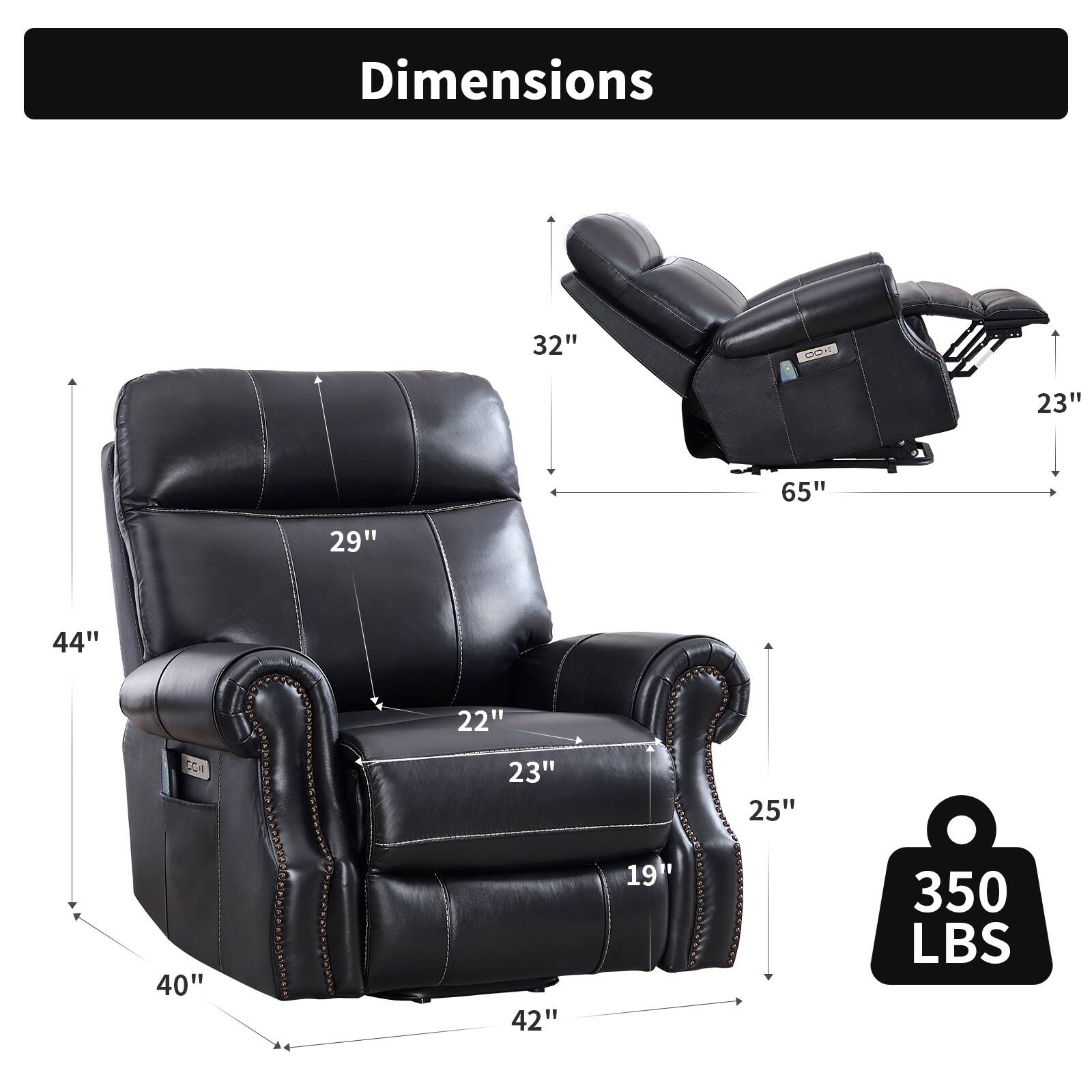 Dimensions
- Width: 40"
- Depth: 44"
- Height: 42"
- Seat Height: 19"
- Seat Depth: 23"
- Armrest Height: 22"
- Back Height: 29"
- Overall Height: 32"
- Overall Width: 65"
- Overall Depth: 23"
- Weight Capacity: 350 LBS