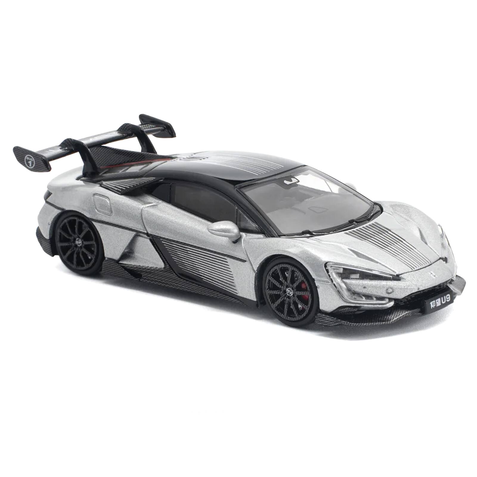 Alt View 3. Pop Race - Yangwang U9 Silver Metallic with Black Top and Stripes 1/64 Diecast Model Car by Pop Race.