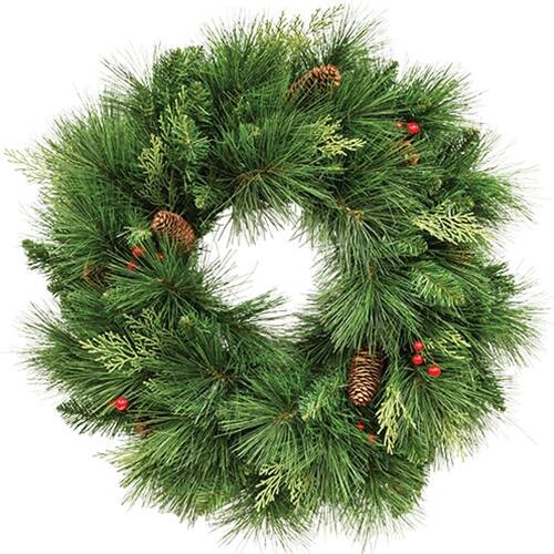 Front. BreeBe - Long Needle Pine & Cedar Double Wreath w/Berries - 24 In - Brown, Green, Red.