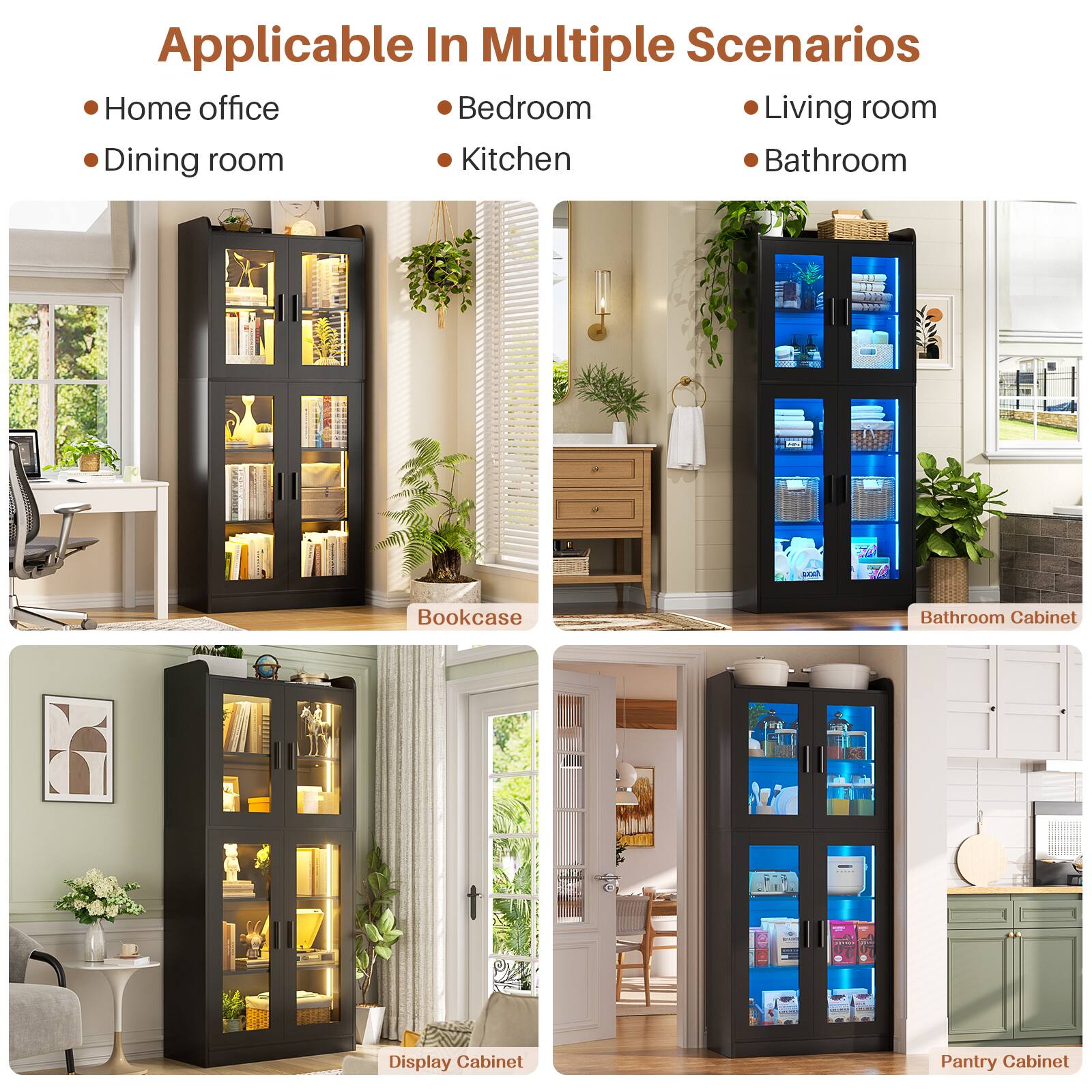 Applicable In Multiple Scenarios

- Home office
- Dining room
- Bedroom
- Kitchen
- Living room
- Bathroom

Bookcase  
Display Cabinet  
Bathroom Cabinet  
Pantry Cabinet