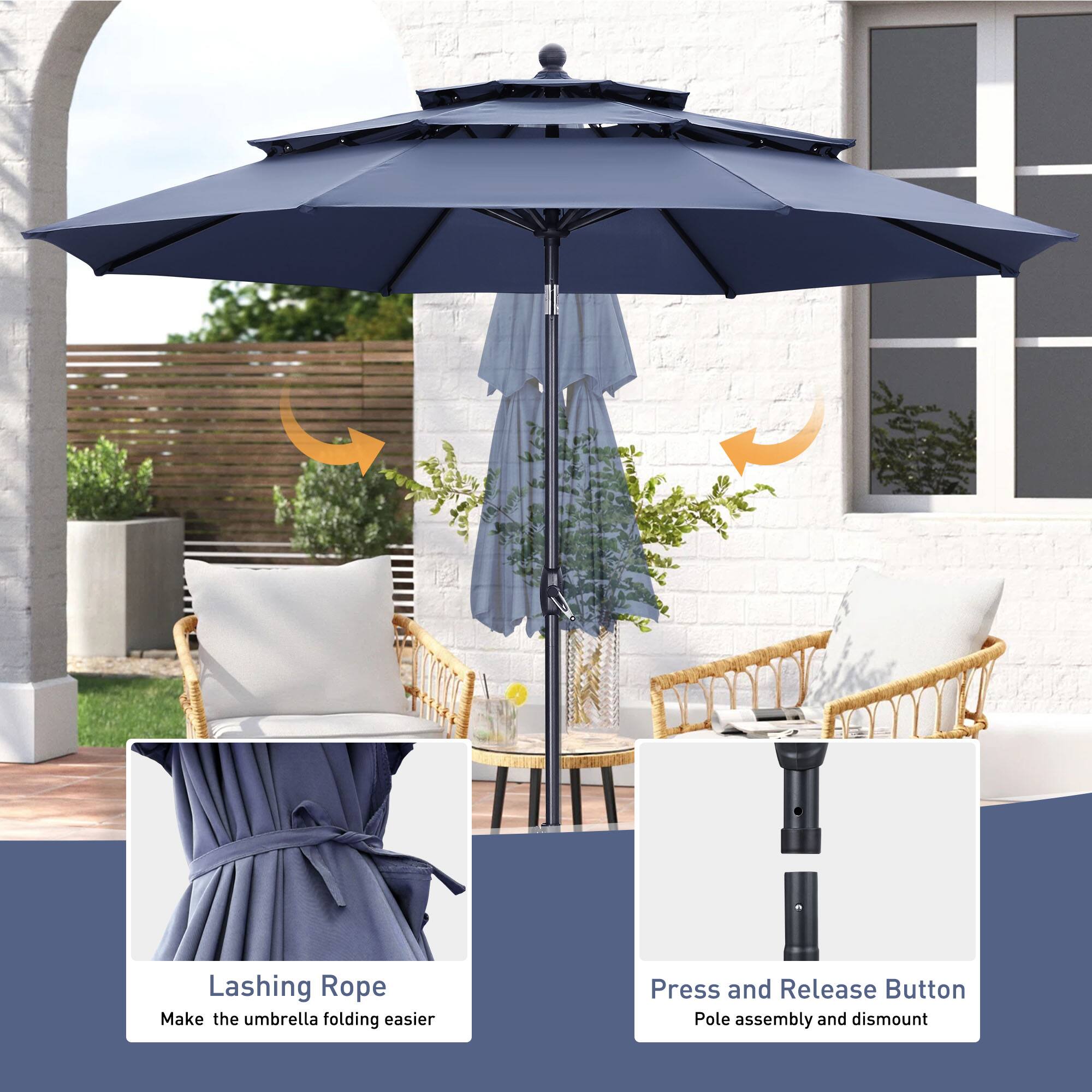 Lashing Rope  
Make the umbrella folding easier  

Press and Release Button  
Pole assembly and dismount
