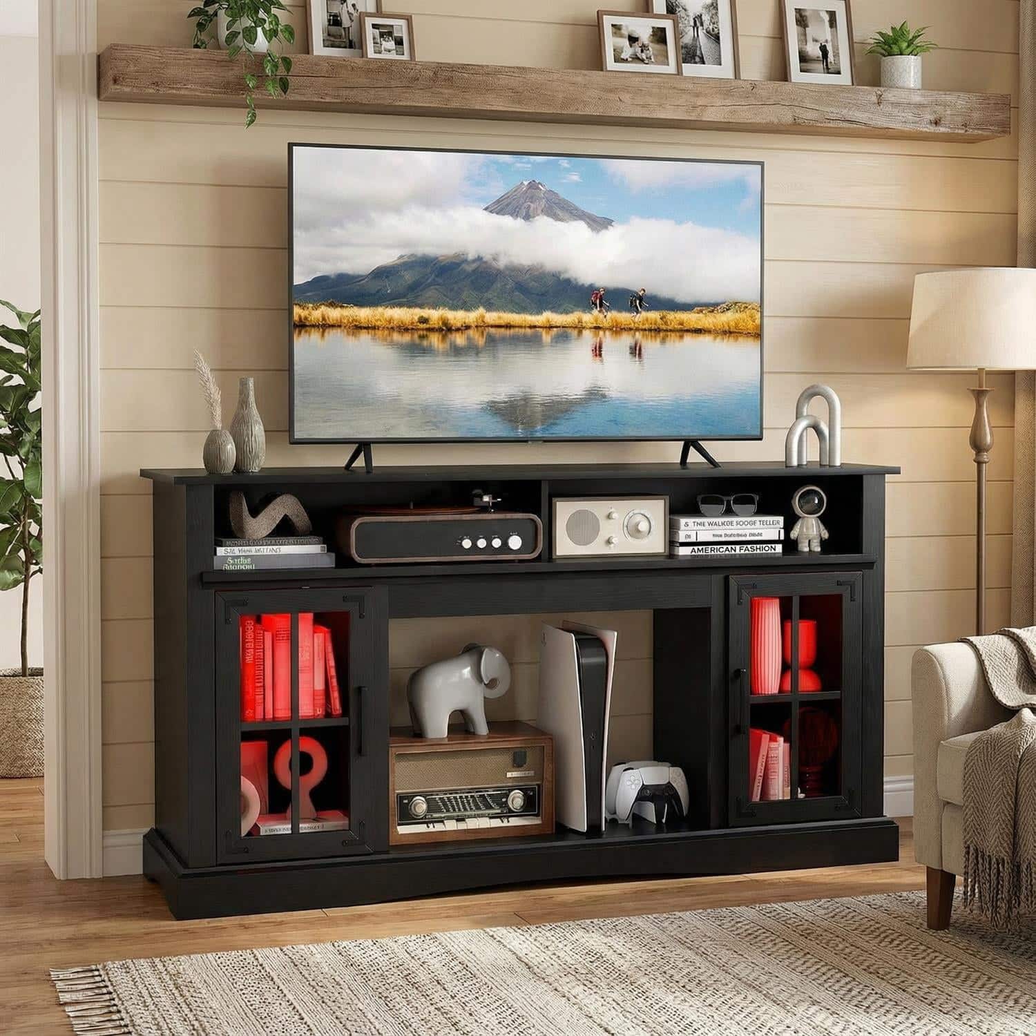 Pefilos - TV Stand with LED Lights, RGB Color Changing Remote Control Media Console, TV Cabinet - Black