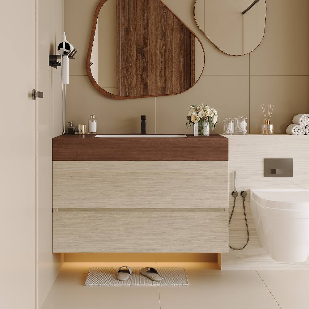 Angle. Loheer - Loheer 29.9 inch floating bathroom vanity Walnut Wood Sintered Stone Top - Walnut.