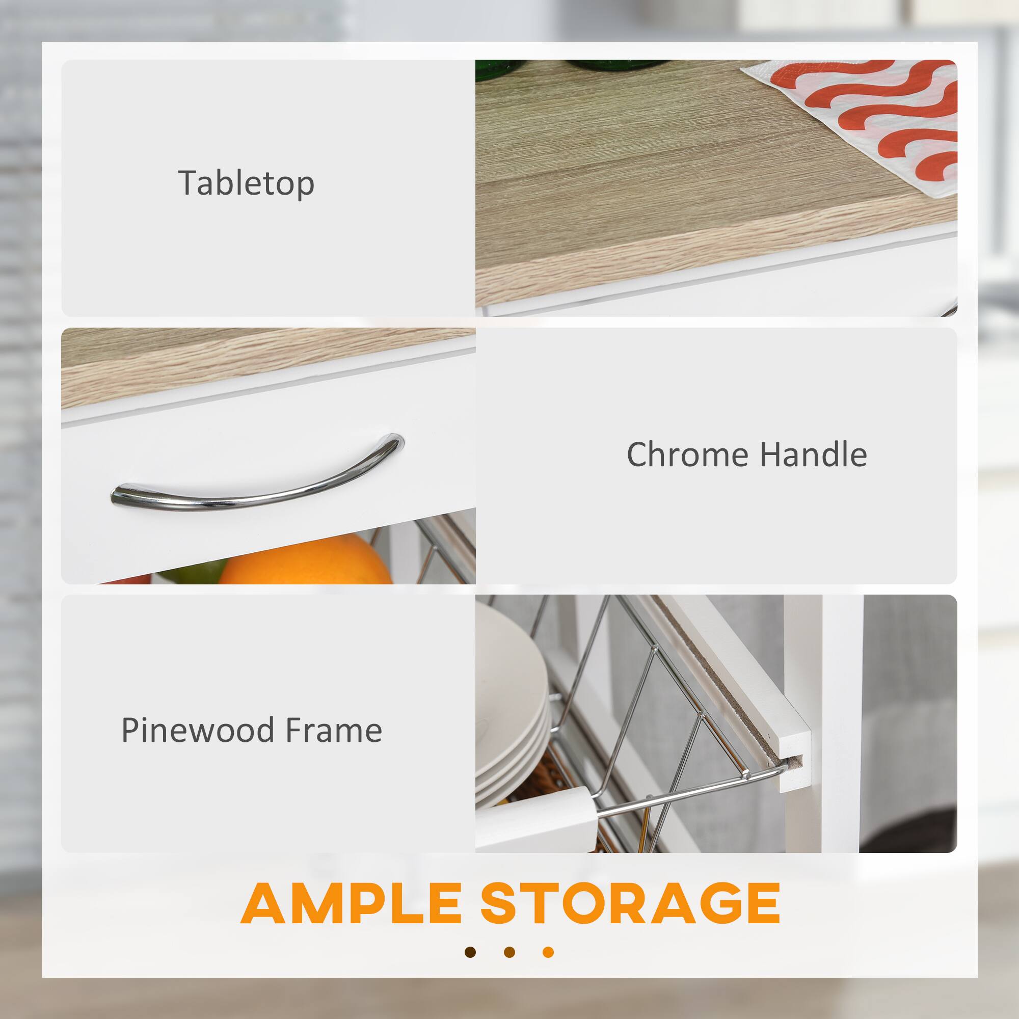 Tabletop, Chrome Handle, Pinewood Frame, AMPLE STORAGE
