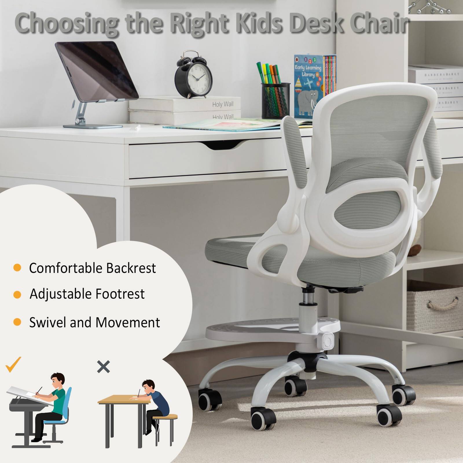 Choosing the Right Kids Desk Chair

- Comfortable Backrest
- Adjustable Footrest
- Swivel and Movement