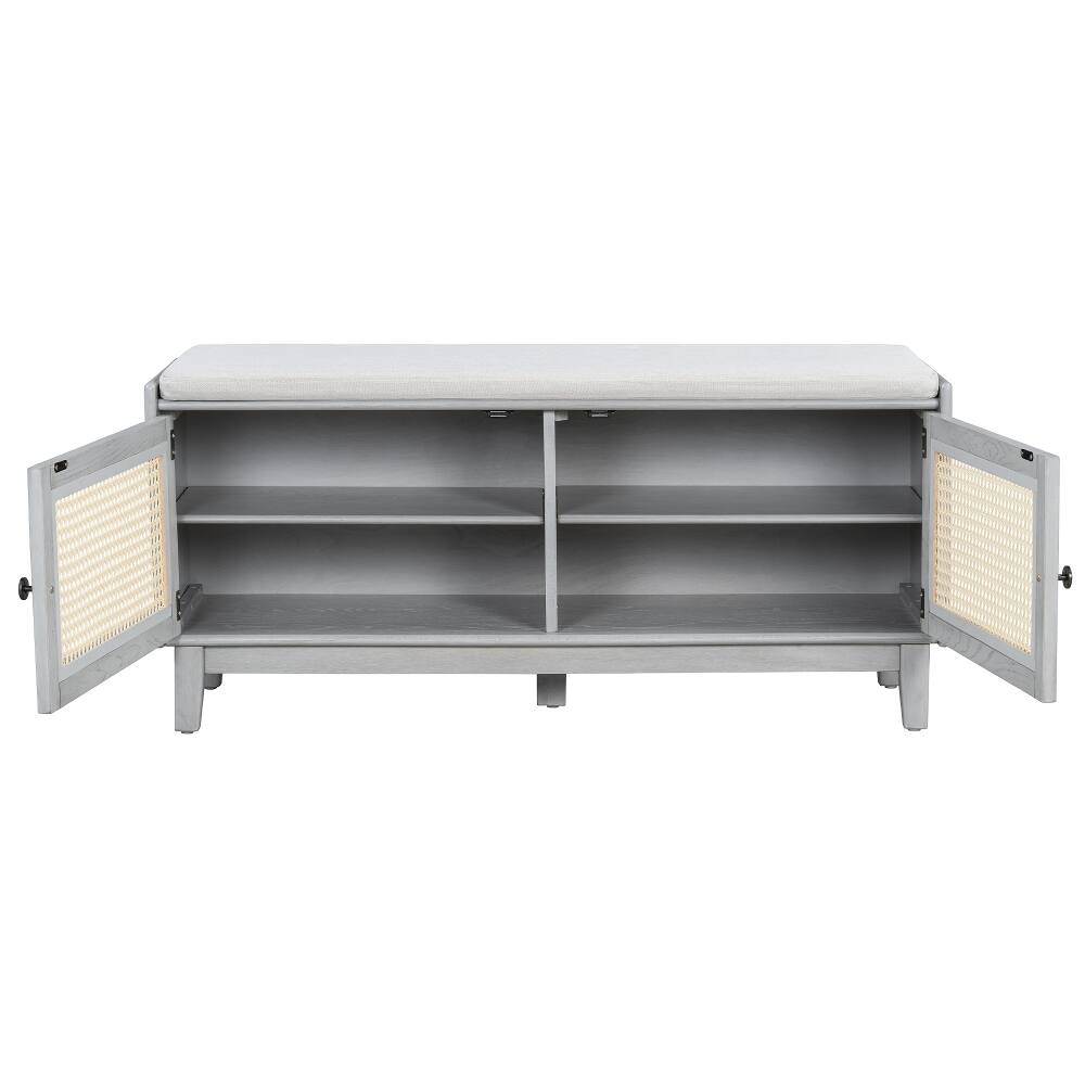 Alt View 4. Ropilly - Ropilly Boho Rattan Entryway Bench Cushioned Shoe Storage Bench with Double Doors Wooden Hallway Organizer Gray Wash - Gray Wash.