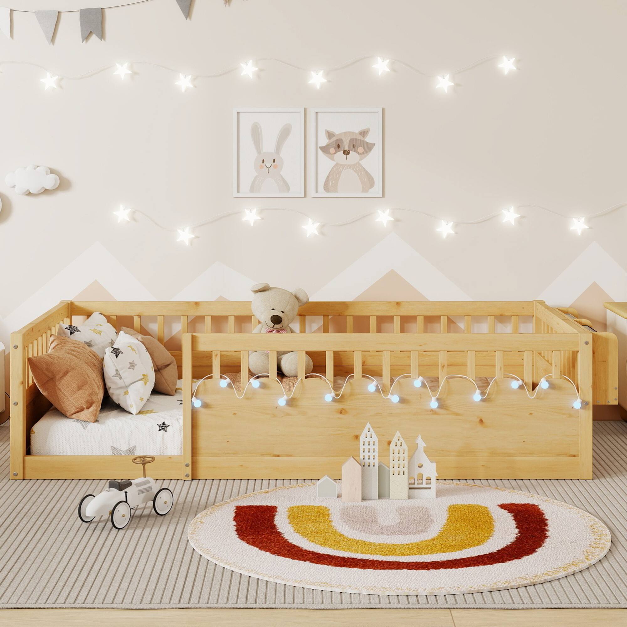Left. GOODSILO - Twin Montessori Low Profile Floor Bed Frame with Safety Rails, LED Lighting and Storage Shelf for Children's Bedroom - Natural.