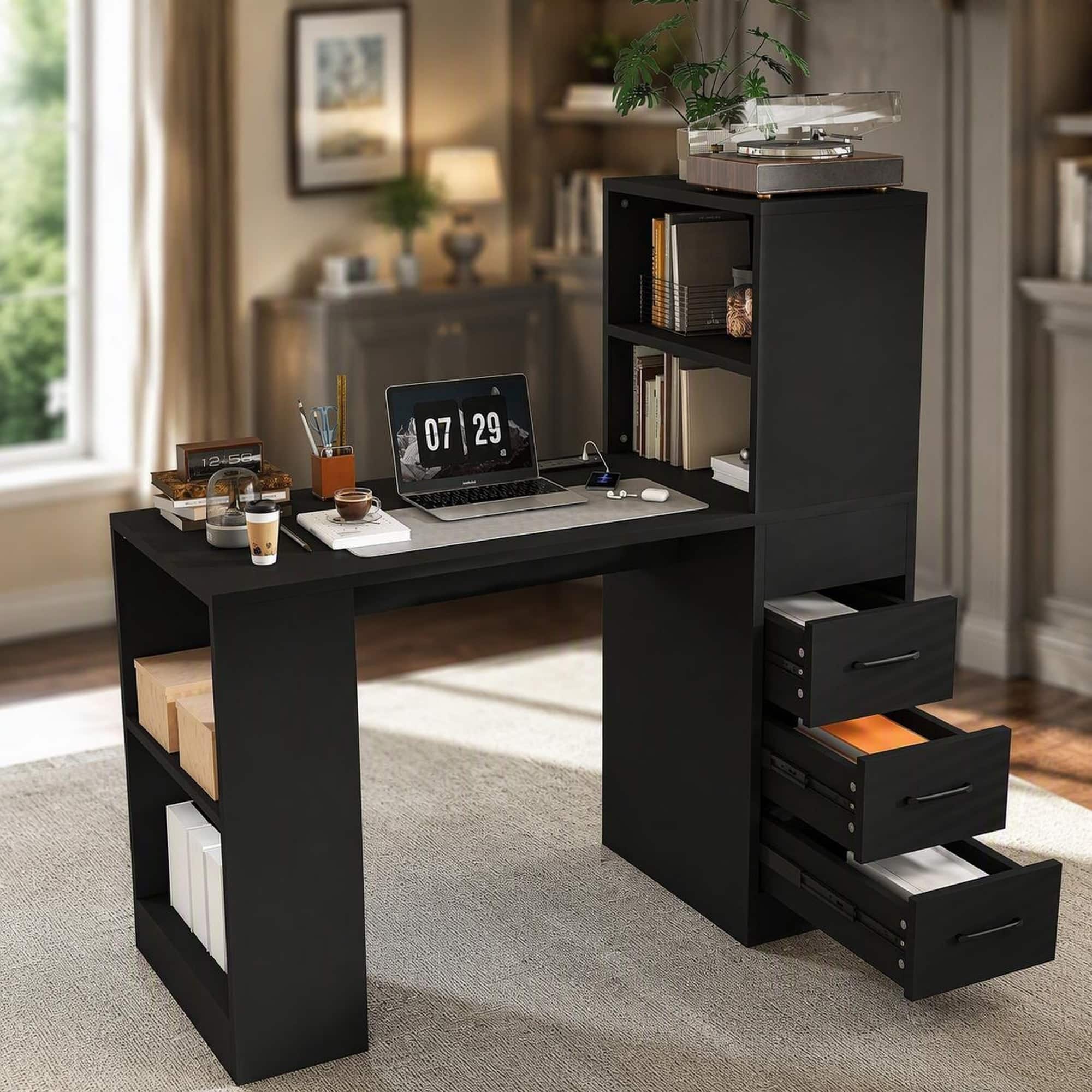 RYHNUYNE - Wooden Computer Desk, 15 mm Density Board, 4-in-1 Charging Socket, 3 Drawers and 4 Open Shelves for Home Office - Black