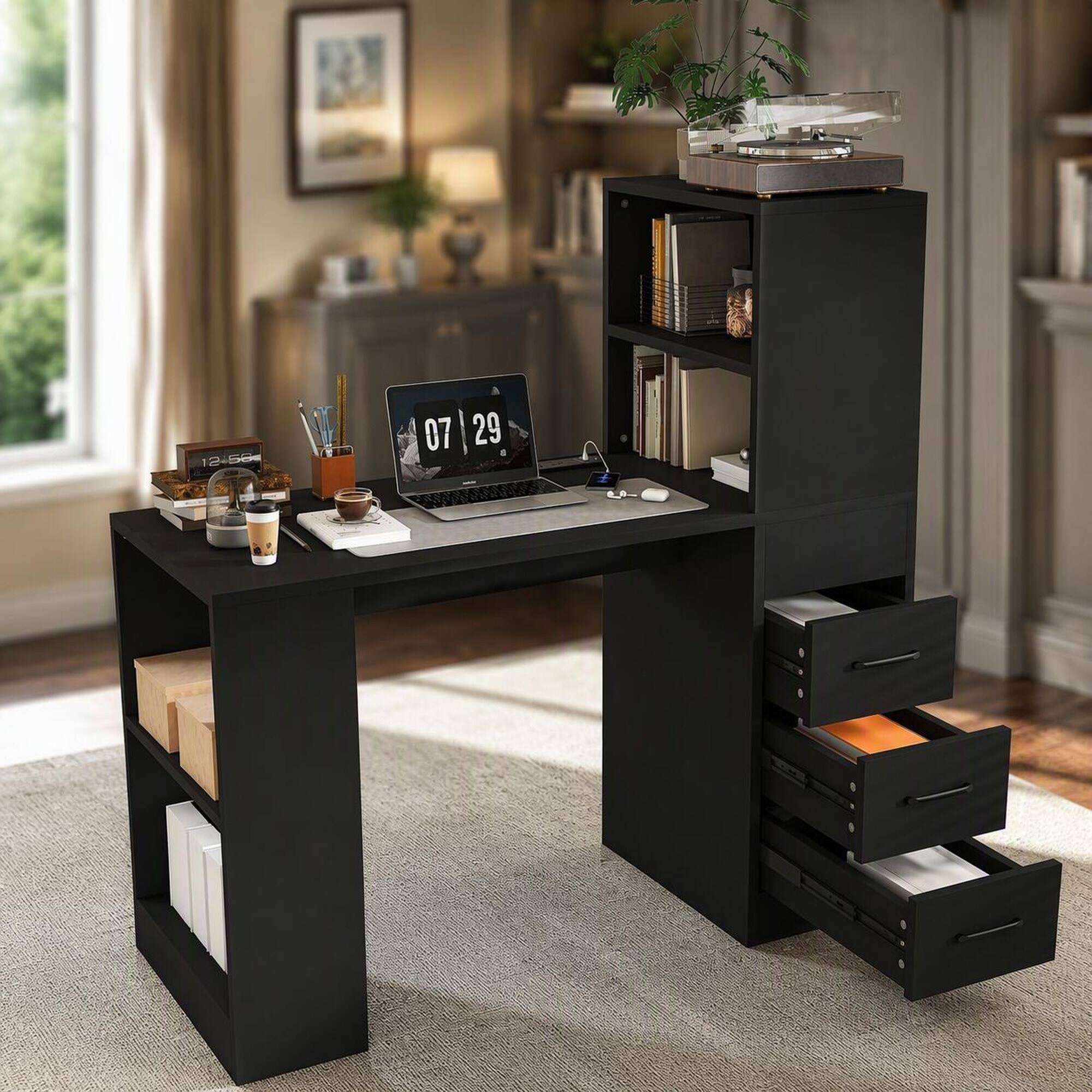 Front. RYHNUYNE - Black Wooden Computer Desk, 15 mm Density Board, 4-in-1 Charging Socket, 3 Drawers and 4 Open Shelves for Home Office - Black.