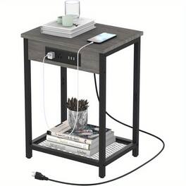 Oumilen - 2-Tier End Table with Charging Station - Oak
