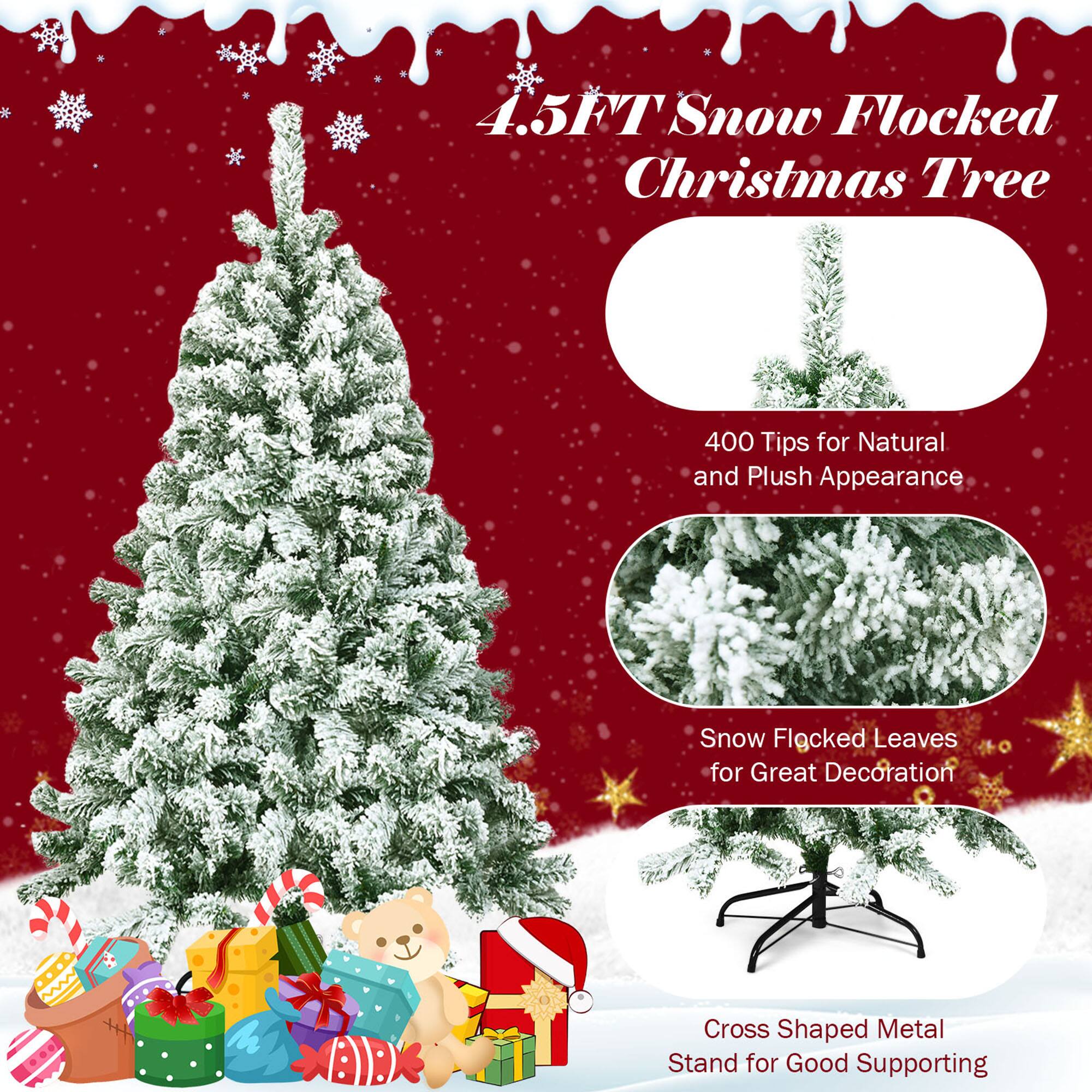 4.5FT Snow Flocked Christmas Tree

400 Tips for Natural and Plush Appearance

Snow Flocked Leaves for Great Decoration

Cross Shaped Metal Stand for Good Supporting