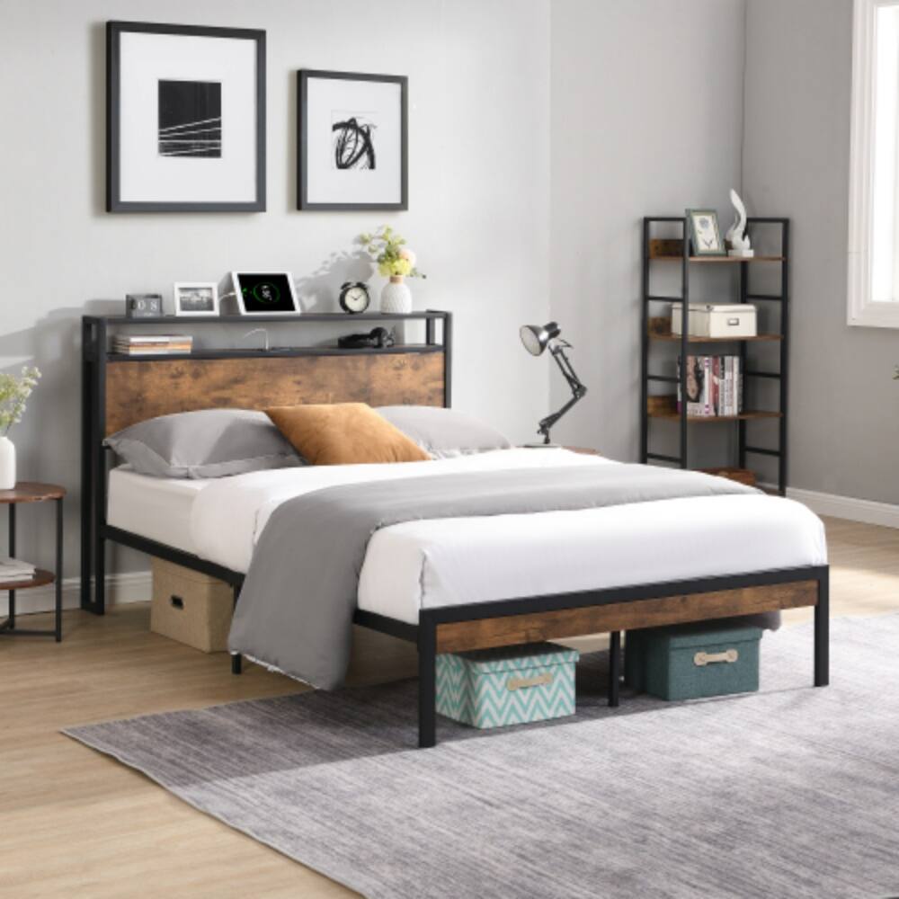 LUCKY ONE - Queen Size Metal Platform Bed Frame with Wooden Headboard and Footboard, USB Ports, No Box Spring Needed - Black