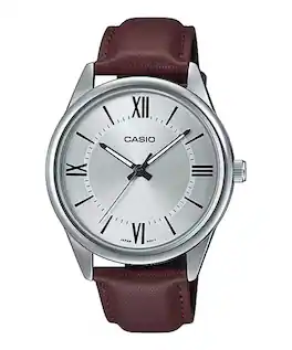 Casio - Men’s Silver Dial Leather Strap Watch - Casio MTP‑V005L‑7B5UDF - Brown